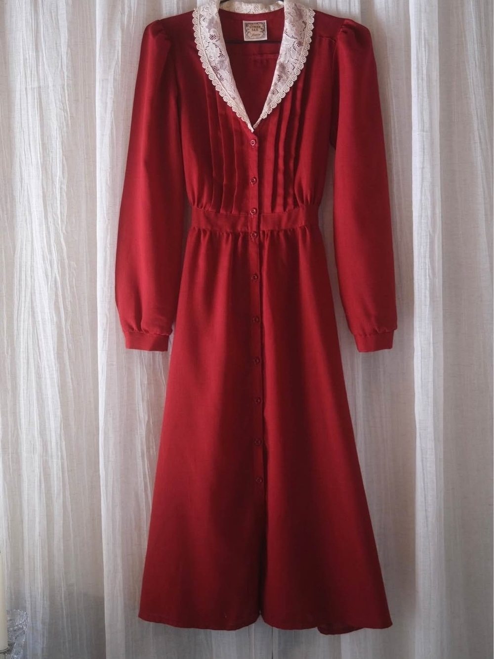 Gunne Sax Red Lace-Collar Button-Front Nightgown